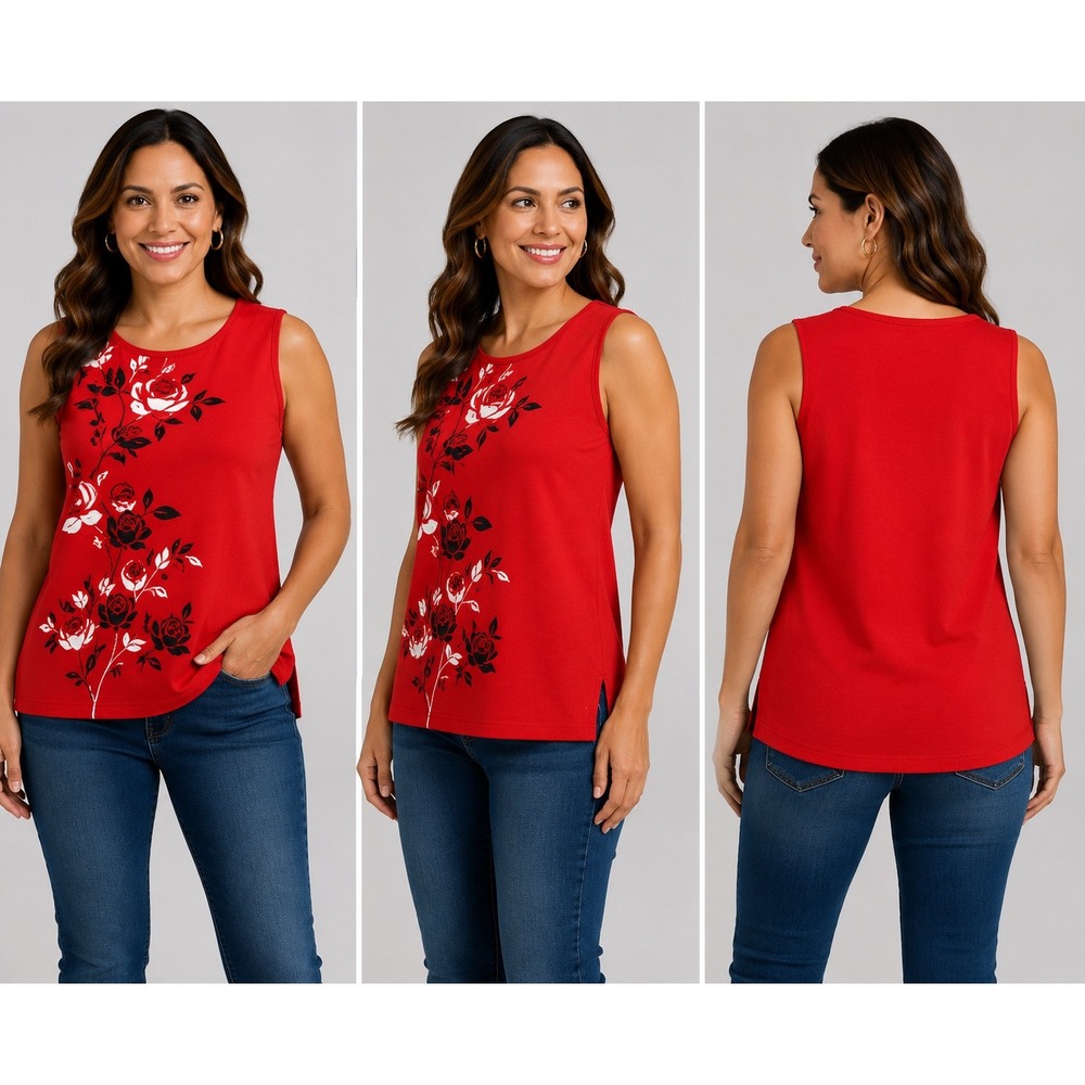 Liz Claiborne Lizwear Jeans Petite Red Floral Rose Cotton‎ Tank Top Shell PM